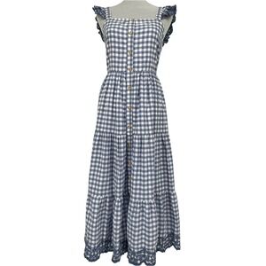 Shabby Chic Blue White Gingham Button-Front Maxi Dress Size 10 Cottage County